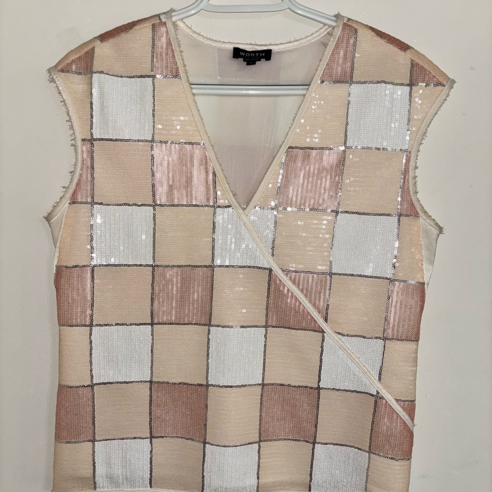 WORTH New York $498 Women Sequin Faux Wrap Blouse Top size 2 silk blend small